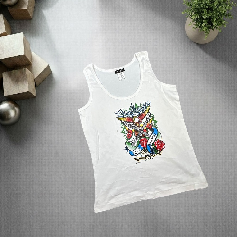 Get Lucky USA Womens Vintage Y2K White Graphic Tank Top Biker Rock Size L